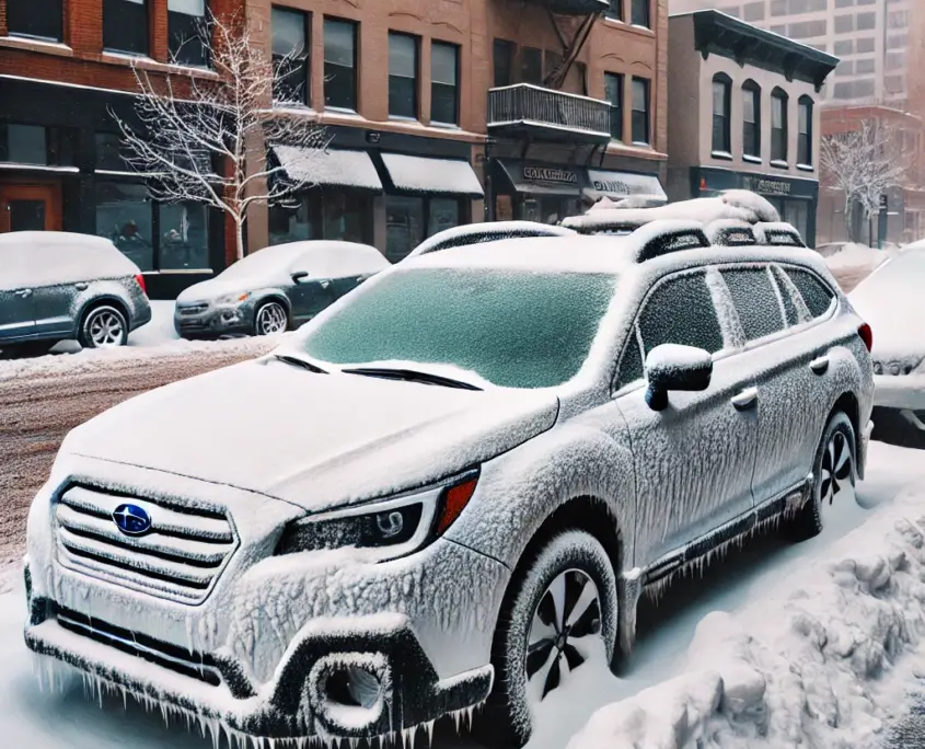 Colorado CarShare - A Subaru Outback-style car covered in a thick layer of snow and ice, parked on a snowy city street in Colorado. The car windows are frosted over.